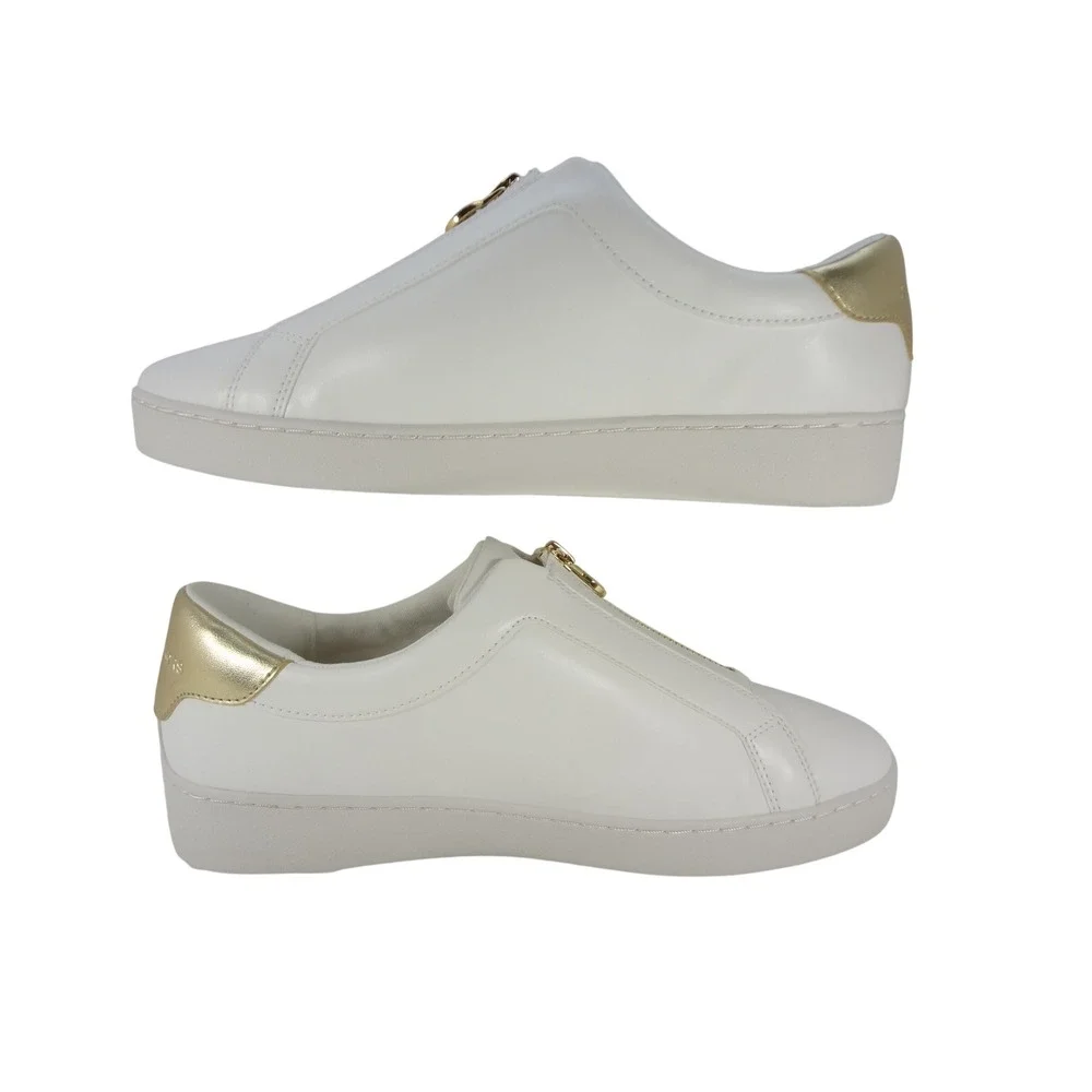 Michael Kors Bodie Sneakers Women 10 White Excellent Front Zip Gold Logo Leather